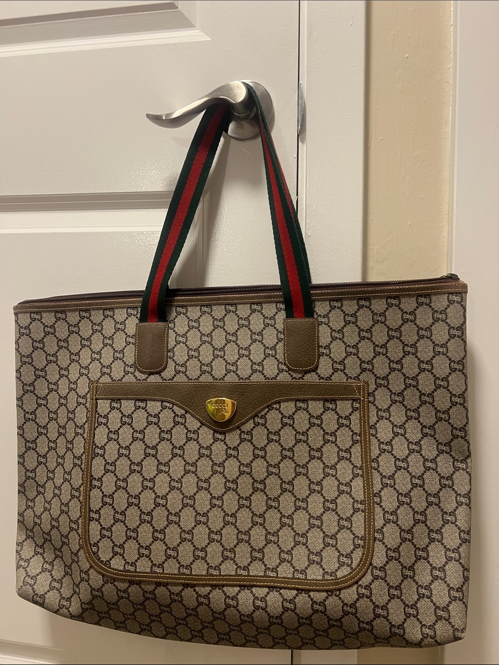 Gucci Brown GG Canvas Tote with Red and Green Stripe Handles